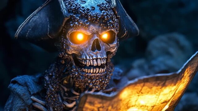 Skeletal pirate figure with glowing treasure map ready to uncover buried riches in a dark, mysterious cave