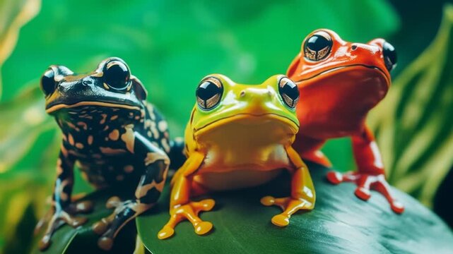 Three colorful frogs close up