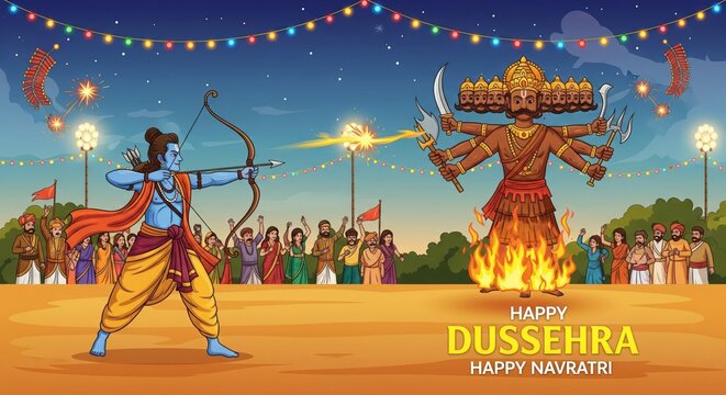 lord rama defeating ravana during dussehra festival, burning effigy celebration of good over evil, hindu mythology scene with bow arrow and festive crowd illustration