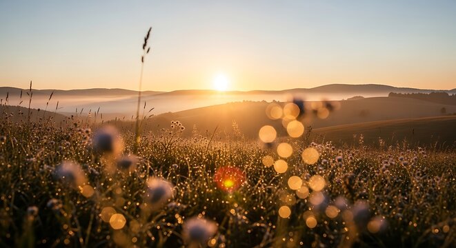 Dreamy sunrise over misty hills with wildflowers in morning dew, a perfect summer landscape scene