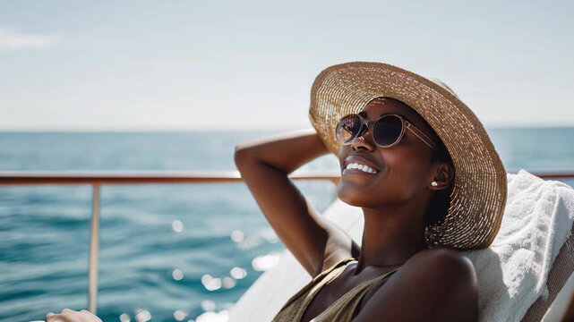 Beautiful young african american woman in a straw hat and sunglasses sunbathing on a deckchair, enjoying a luxurious sea journey and her summer vacation on a private boat with a smile - Powered by Adobe