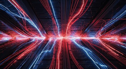 Abstract data center server cables with blue and red lighting effect