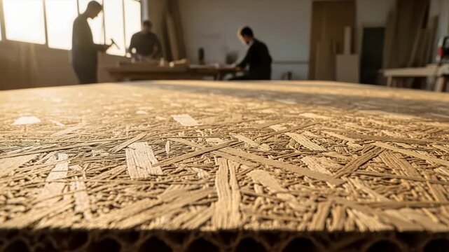 Close-up of recycled wood chipboard in workshop with craftsmen working in daylight. Recycled wood chipboard surface showcases craftsmanship and texture, creating a workshop atmosphere for production.