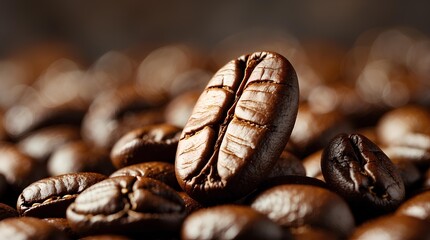 a close-up image of roasted coffee beans with a rich, golden-brown hue