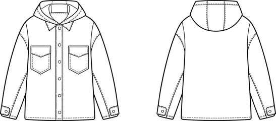 Hooded shirt jacket flat sketch with button front placket, chest flap pockets, collar, cuffed sleeves, seam details, apparel design illustration