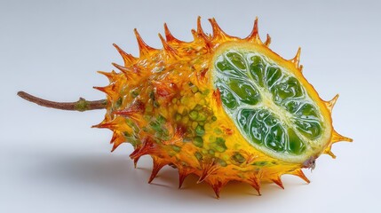 Exotic spiky orange kiwano horned melon cut in half showing vibrant green jelly interior with seeds on neutral background for food and nutrition themes