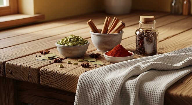 Aromatic spices and seasonings arrangement on a rustic wooden table top