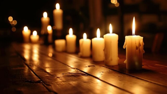Row of lit candles on a wooden table