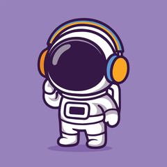 Cute astronaut  headphone music cartoon vector icon illustration
