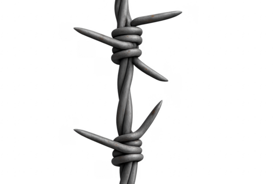 Barbed wire strand representing boundaries and danger on transparent background