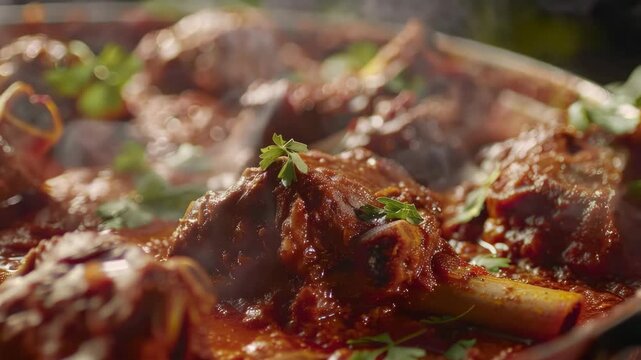 Close-up of tender beef stew garnished with herbs on a stove.