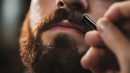 Beard grooming: Close-up of a person trimming their mustache with a comb. Focus on personal care and facial hair maintenance routine.