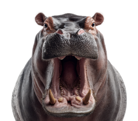 Hippo yawning in wildlife environment isolated on transparent background