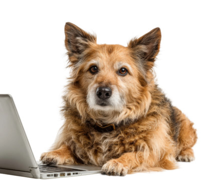 Dog working on laptop at home animal portrait isolated on transparent background