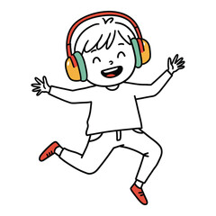 Hand Made Happy boy with headphones jumping a joyful vector illustration of a child listening to music isolated on white background