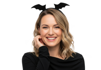 Smiling woman wearing bat ears headband isolated on transparent background