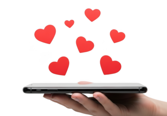 Hand holding smartphone with red heart shapes floating above isolated on transparent background love and technology