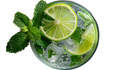 Refreshing lime and mint cocktail with ice cubes, top view, vibrant green colors, summer drink, crystal-clear glass, fresh and cool beverage photography.