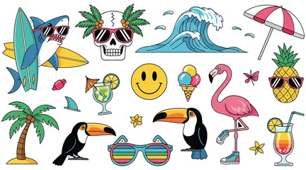 Vector art of summer vibes illustration featuring a shark with a surfboard, a skull with palm leaves, a wave, a pineapple, a flamingo, a toucan, and a cocktail