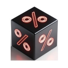 Percentage Cube: A visually striking, sleek black cube displays illuminated percentage symbols, suggesting concepts of finance, calculation, and statistics. 