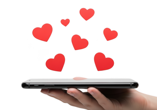 Hand holding smartphone with red heart shapes floating above isolated on transparent background love and technology - Powered by Adobe