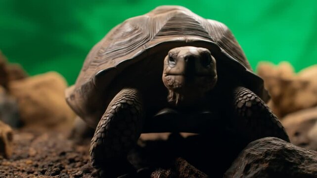 Tortoise on rocky terrain with green backdrop