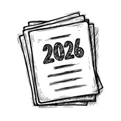 Business plans and Year 2026: An overhead shot showcases a sketch of a stack of documents with '2026' boldly displayed, representing planning.