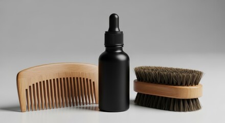 Modern grooming kit featuring stylish wooden comb, brush, and luxurious beard oil bottle for men's care