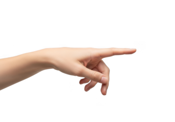 A human hand with the index finger pointing to the right, isolated on transparent background