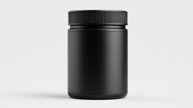Minimalist black matte supplement jar with ribbed lid on neutral background, perfect for protein powder packaging or cosmetic container product mockup