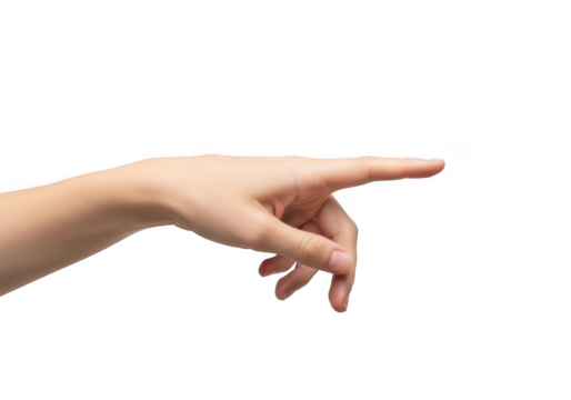 A human hand with the index finger pointing to the right, isolated on transparent background