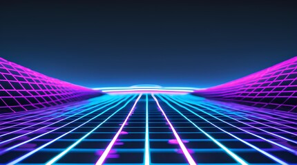  a vibrant, neon grid landscape set in a futuristic, cyberpunk-style world