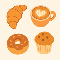 Cute flat vector illustration of coffee and pastries, croissant, cappuccino, donut, and muffin.