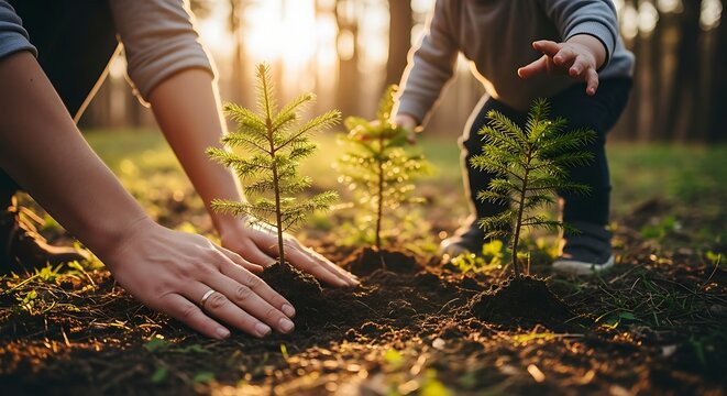 Planting trees together for a greener future, inspiring earth day family activity in the sunshine
