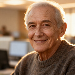 Happy Senior Man Smiling in Golden Hour Light, Warm and Peaceful Portrait