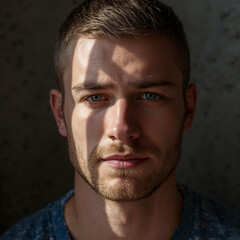 Closeup Portrait of Man with Blue Eyes and Stubble, Dramatic Sunlight on Face