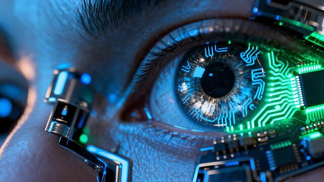 Intricate macro visualization exploring symbiosis between biological vision and advanced electronic circuitry, revealing complex interconnections of human sensory systems with technological networks.