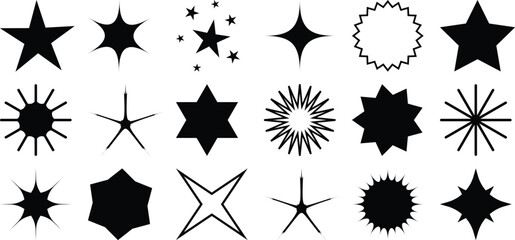 Collection of Black Star and Sparkle Shapes on White Background
