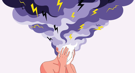 Overwhelmed person head full of chaotic smoke lightning storms abstract concept vector © azad