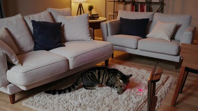 Cozy living room scene with a cat on a rug, captured from a low angle. The video showcases modern furniture and warm lighting for a homely feel.