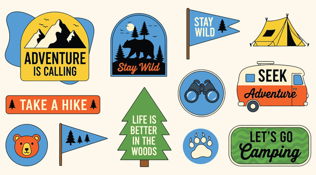 Vector art of collection of camping and outdoor adventure themed stickers includes bear, tent, mountains, trees, binoculars, and various inspirational quotes and sayings - Powered by Adobe