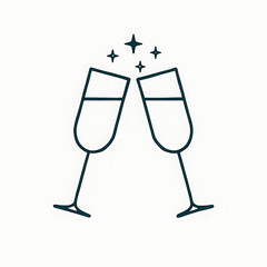 Square minimalist line illustration of two champagne glasses clinking together with sparkling stars above on a light background. Elegant modern design symbolizing New Year celebration, joy