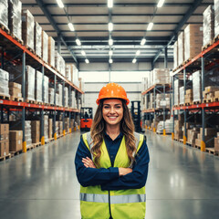 A smiling women, wearing a safety vest and hard hat inside of a storage facility