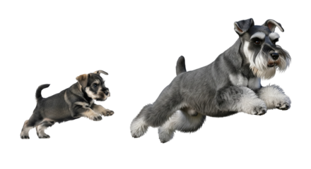 An adult miniature schnauzer leaps joyfully while a puppy jumps alongside. Both dogs exhibit energy and happiness in this lively scene, celebrating their playful bond.