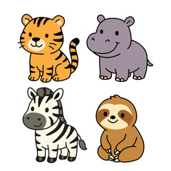 vector; illustration; cartoon; animal; kawaii; cute; tiger; hippopotamus; zebra; sloth; character; smile; children; kids; playful; adorable; happy; set; colorful; friendly; cheerful; design; drawing; 
