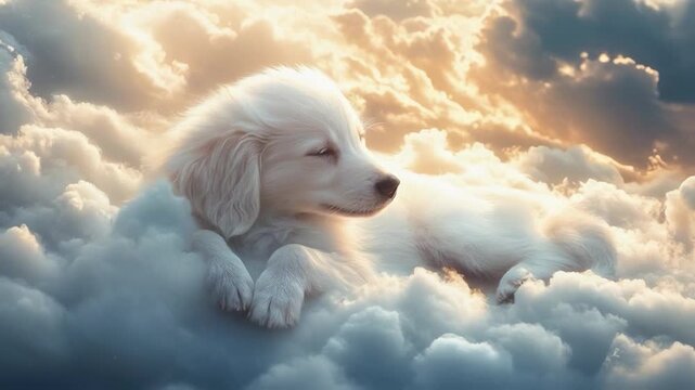 Dreamy Dog Floating on Clouds in a Beautiful Sky Atmosphere