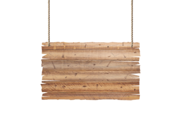 Wooden sign hanging on a rope on white background