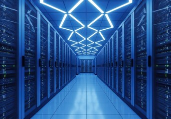 Modern data center server room with blue led lighting