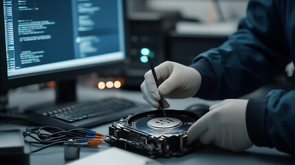 Precision Disk Repair: Technician carefully examines a hard drive in a lab setting, using a fine tool to diagnose and resolve data storage issues.