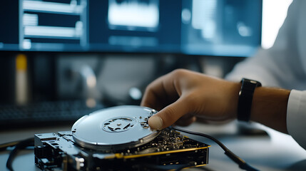 Data recovery specialist working to retrieve information from a hard drive. The process requires specialized knowledge of the computer's structure.